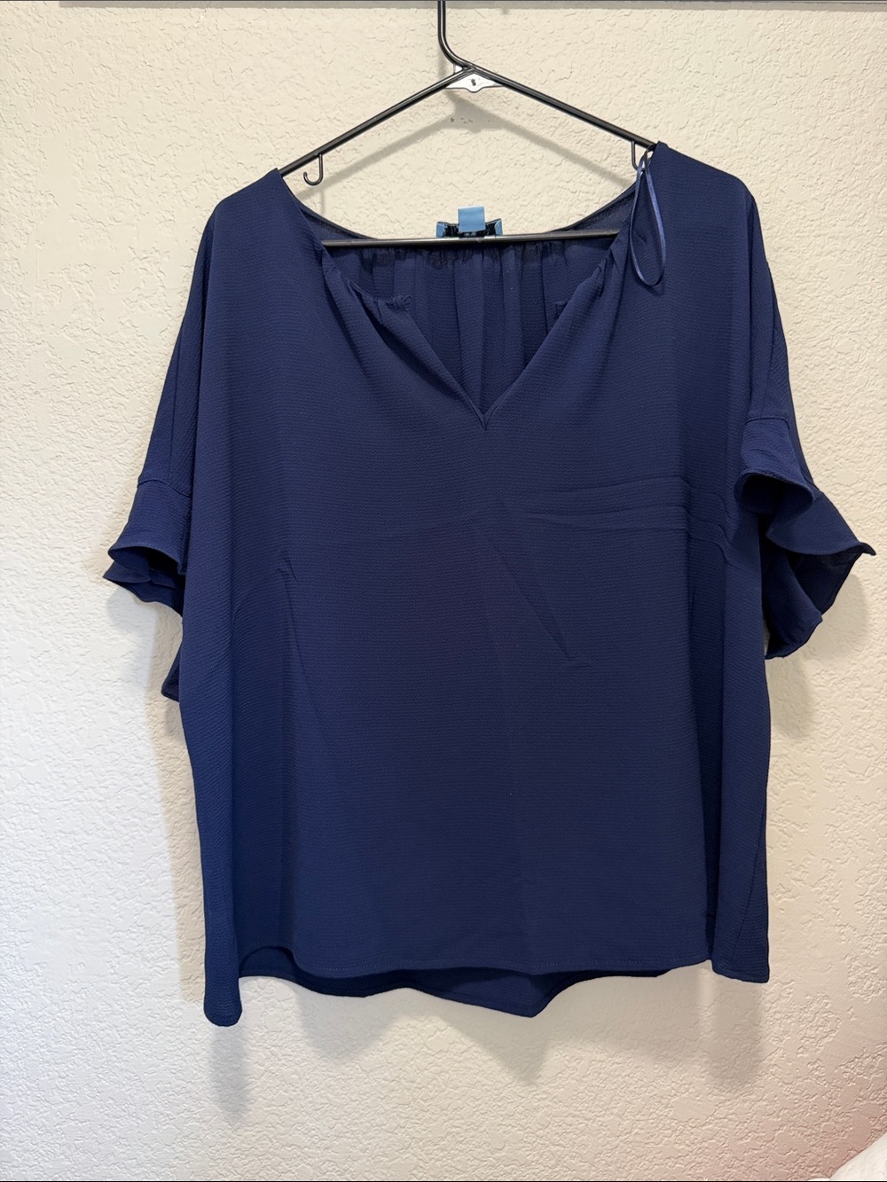 CeCe Navy Ruffle Sleeve V-Neck Blouse